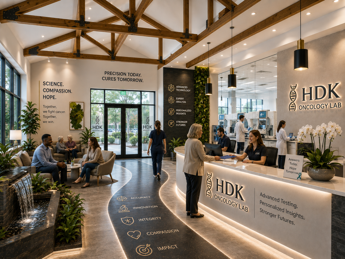 Conceptual staffed oncology laboratory reception