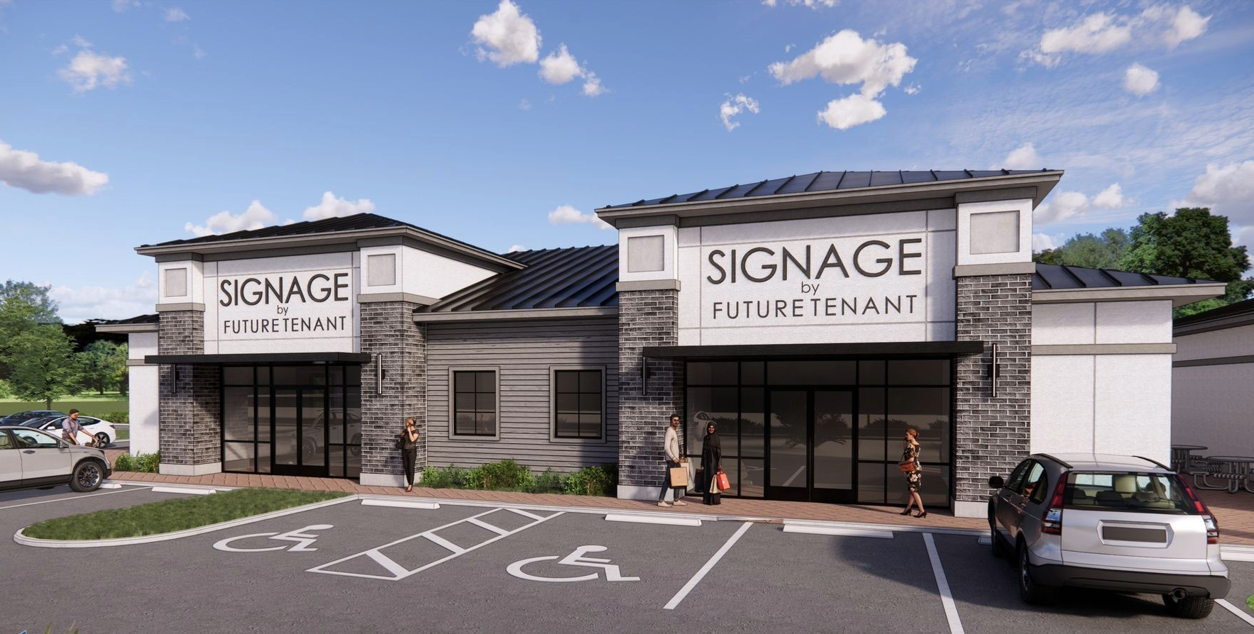 Architectural rendering showing two tenant storefronts